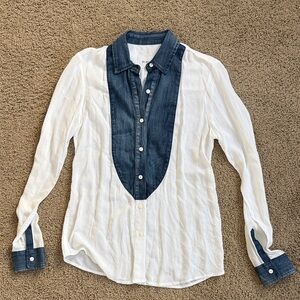 BCBGeneration | White Blouse with Denim Bib and Collar | Size XXS